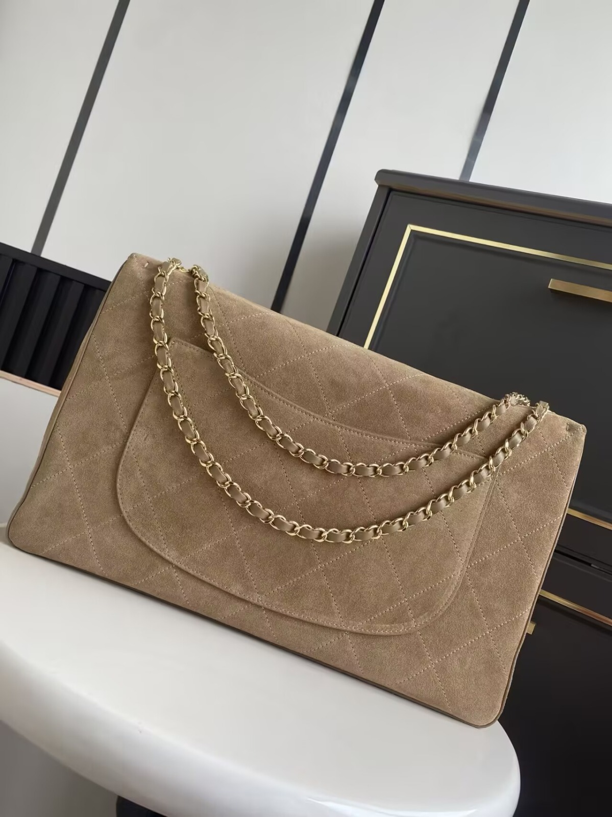 CH**EL SUEDE CALFSKIN SOUPLISSIMO MAXI FLAP DARK BEIGE (38*25*11cm)